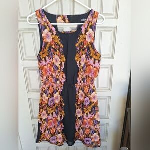 Paperdoll Dress SzM Lined Floral Pink/Black Cutouts Elastic Waist Short Polyeste